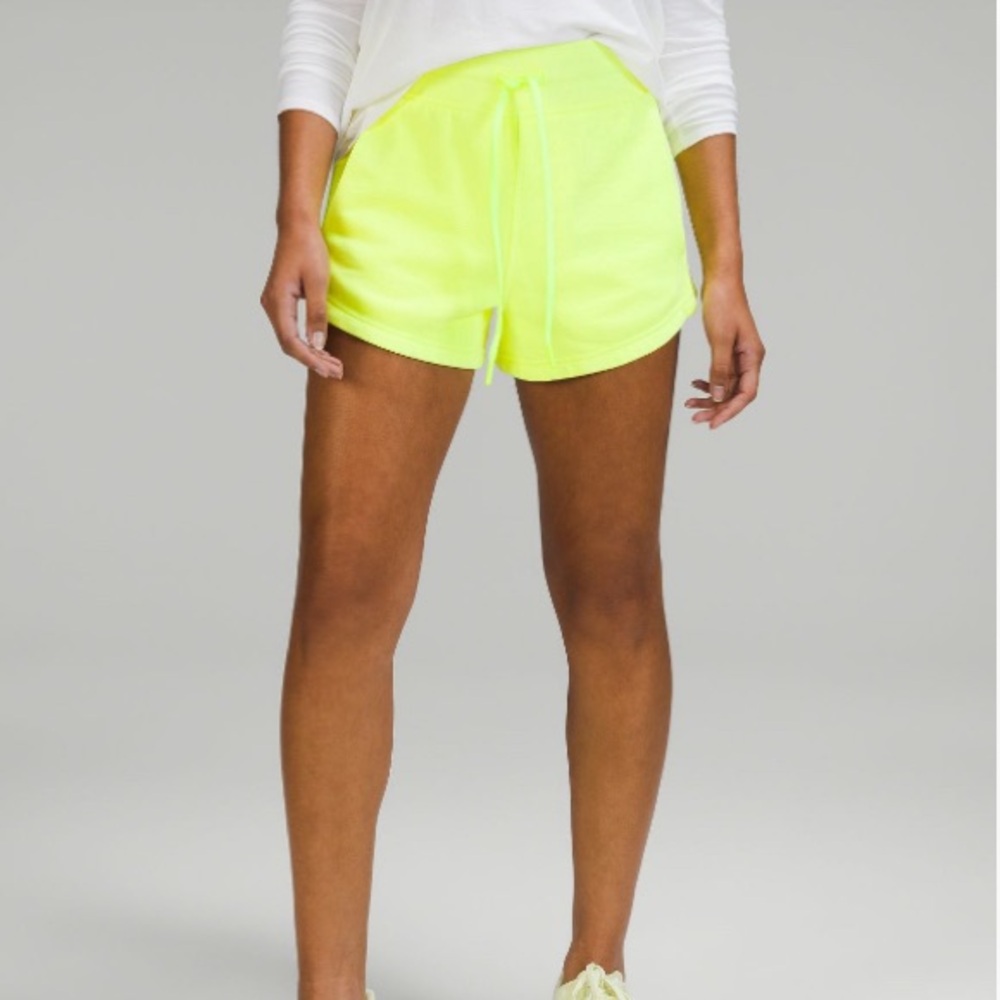 Lululemon Inner Glow high rise short, 3 inch, 6, highlighter yellow